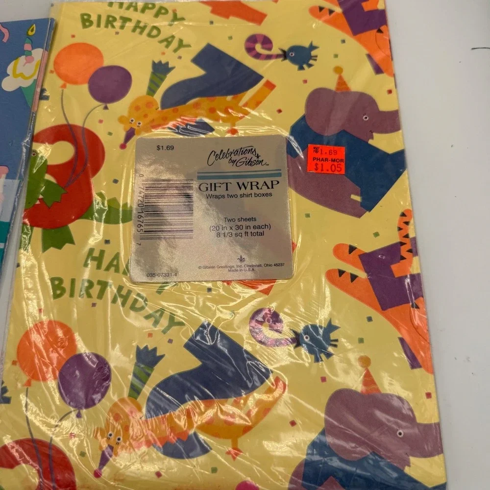 Vintage Gibson Cleo Birthday Gift Wrap 4 Sheets Wrapping Paper Animals Cake NEW